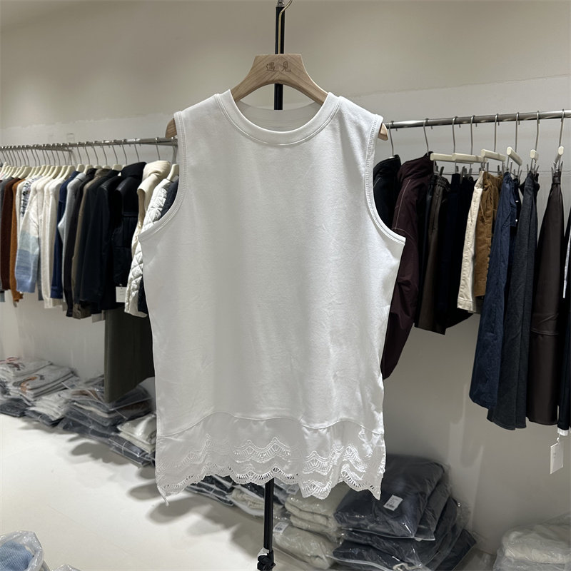 2024秋冬新款无袖背心内搭棉t恤下摆钩花百搭叠穿白色吊带上衣韩