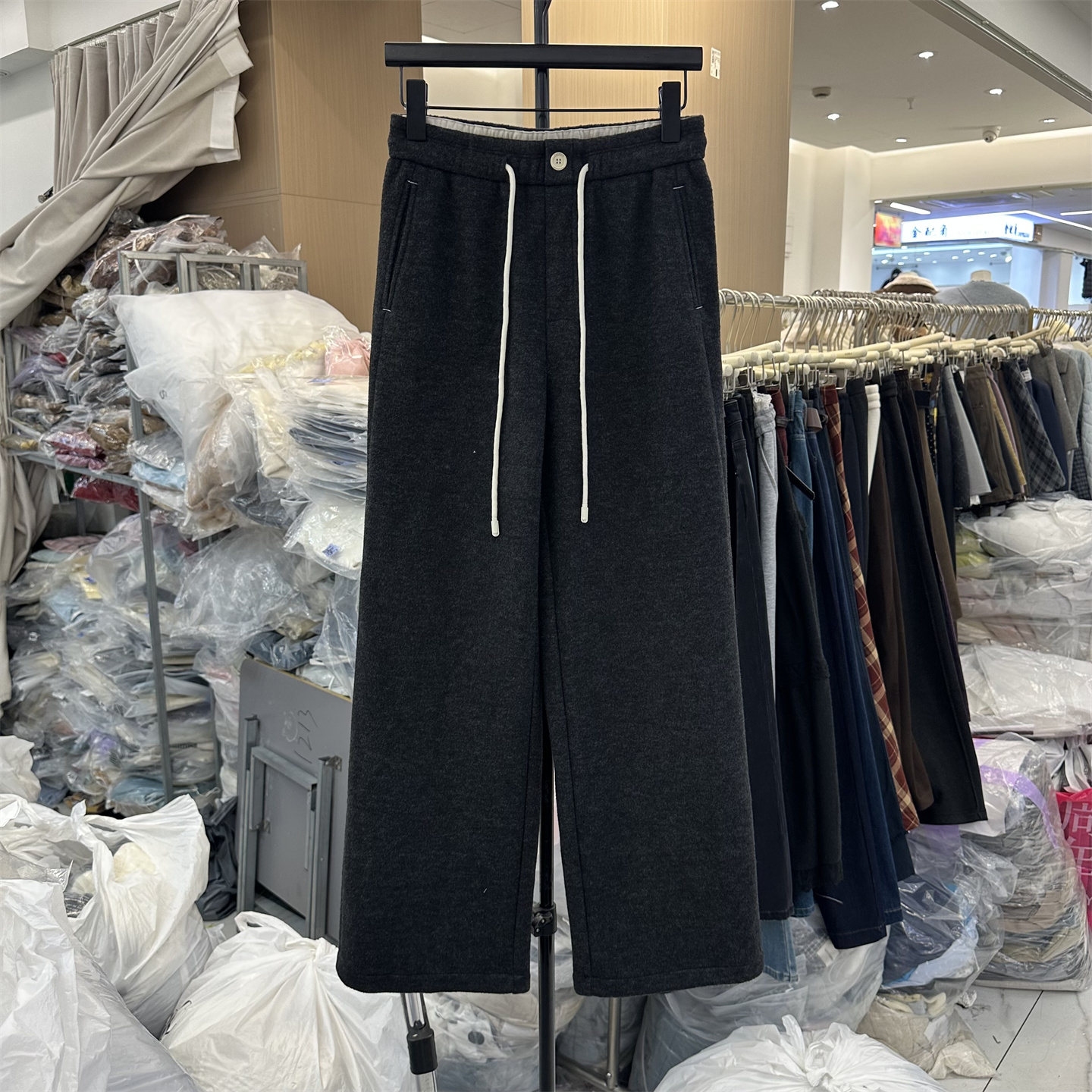 松紧高腰直筒绵羊毛休闲裤子潮