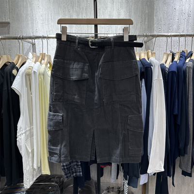 前开叉高腰工装半身裙女中裙潮