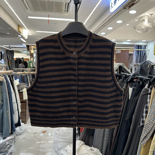 毛衣 针织衫 韩系休闲条纹拼色无袖 背心女2025秋百搭减龄单排扣长袖