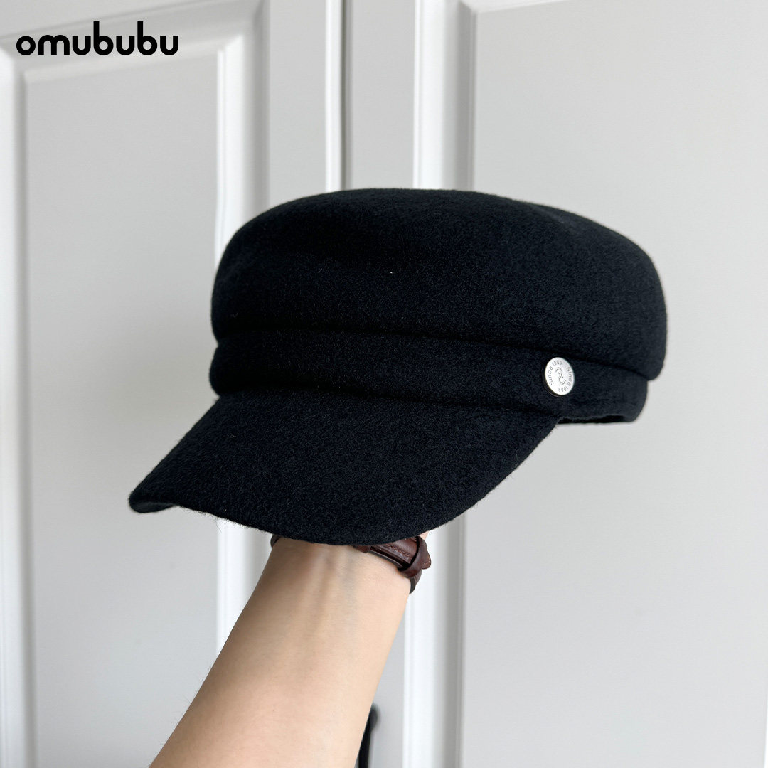 omububu韩版百搭小标简约秋冬羊毛针织鸭舌平顶帽日系保暖休闲帽