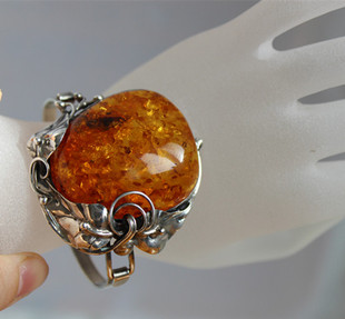 西洋古董珠宝首饰欧洲进口回流二手老琥珀蜜蜡手工银手镯手串手排