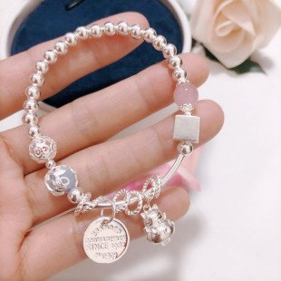 香港正生纯银s925招财猫宫铃草莓晶银珠手链女手串手镯首饰女礼物