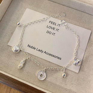 香港正生正品 五宝纯银脚链纯银99花生铃铛长命锁铜钱女简约百搭潮