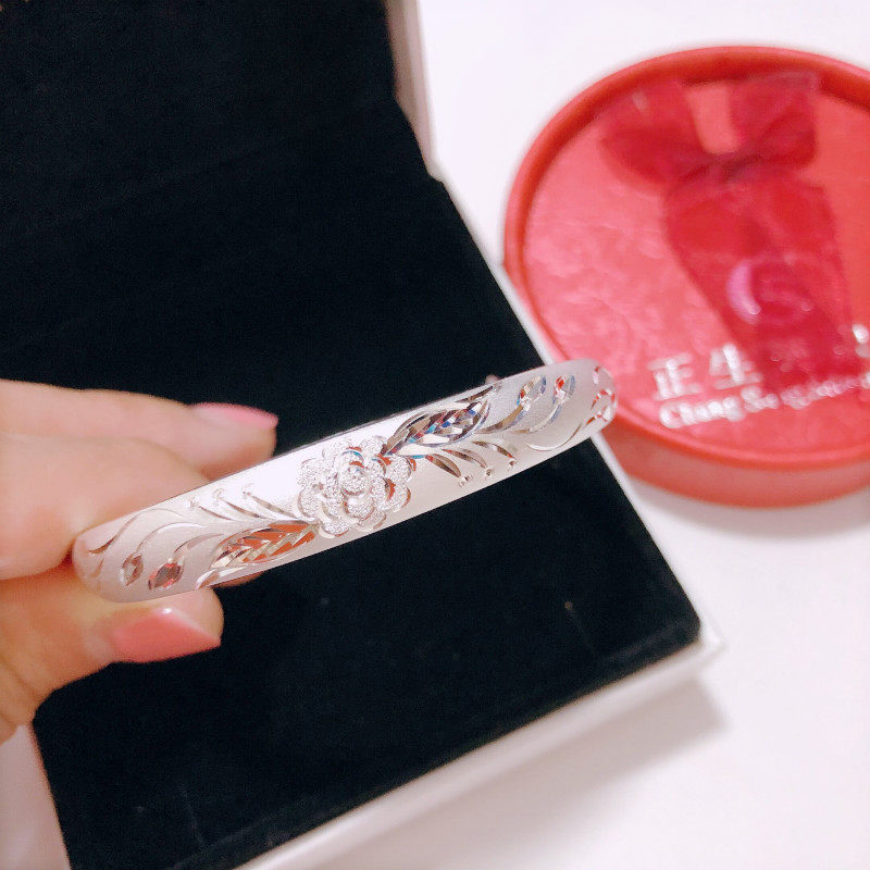 香港正生足银花开富贵手镯首饰S999实心牡丹花送妈妈镯子母亲节礼