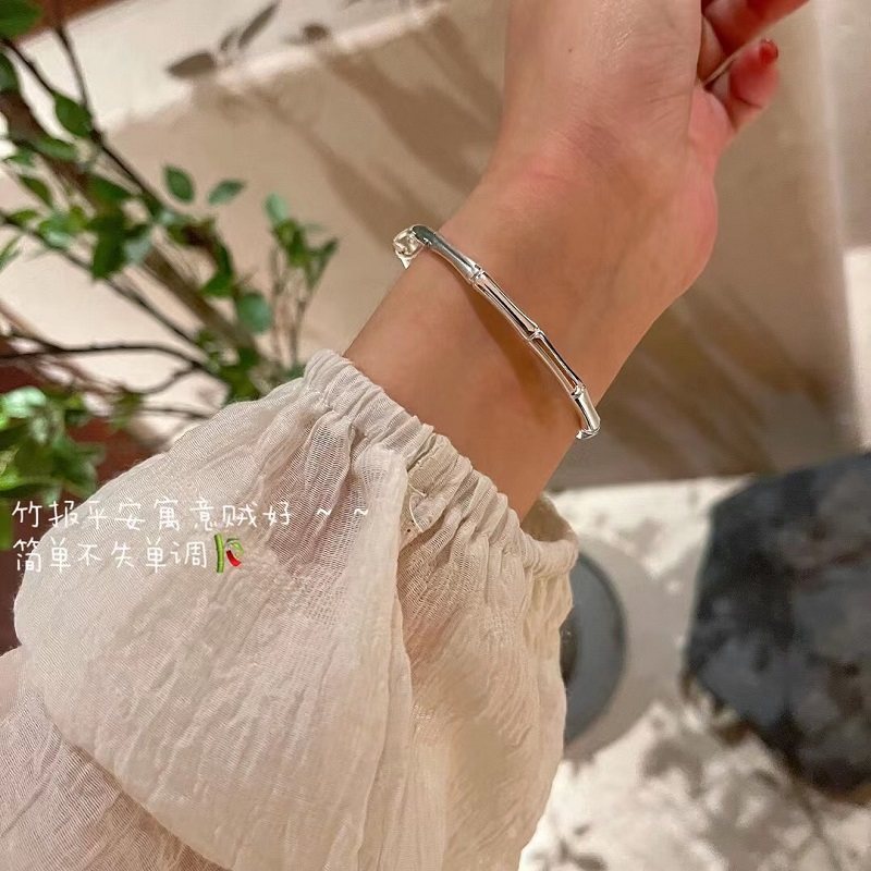 香港正生竹节银手镯女纯银推拉式s999足银镯子实心礼物年轻款手环