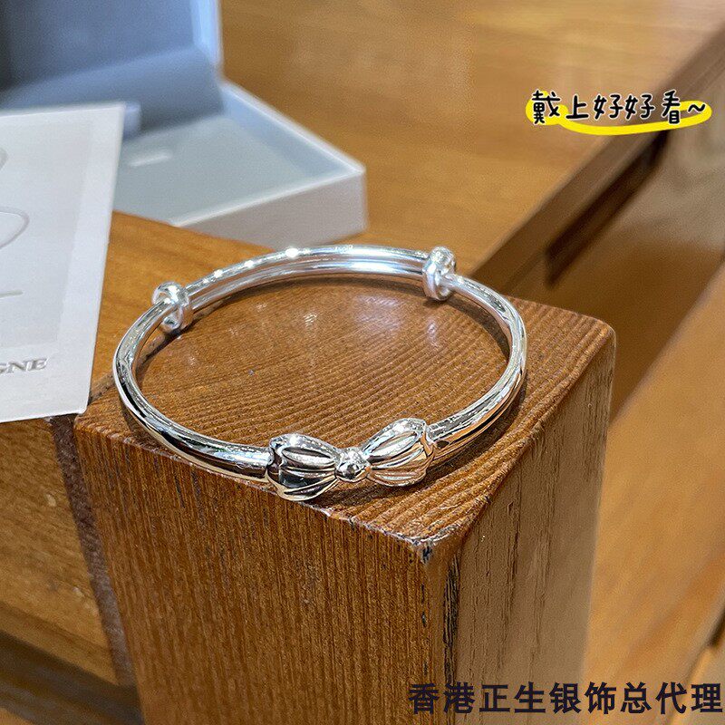 香港正生正品足银9999小公主蝴蝶结竹节纯银手镯女孩子中大童儿童