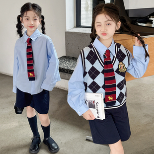 学院风JK制服女童三件套春秋装菱格纹针织马甲套装cos休闲表演