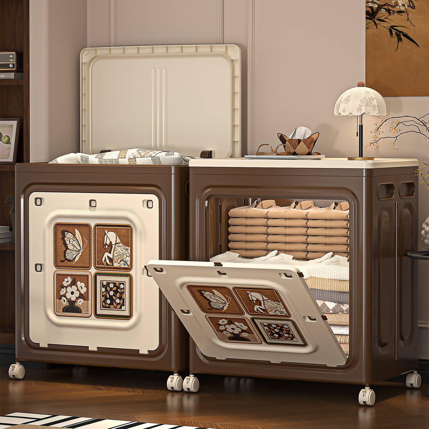 中古风大容量翻盖可折叠收纳箱