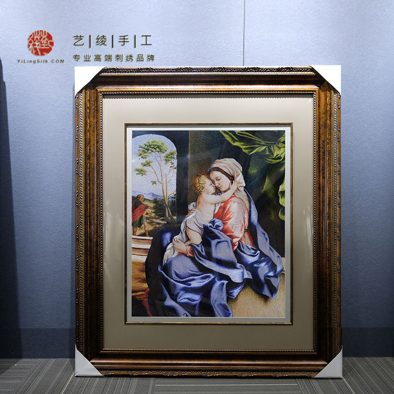 艺绫手工刺绣满绣欧式油画装饰画客厅书房会所玄关画圣母孩子圣像图片