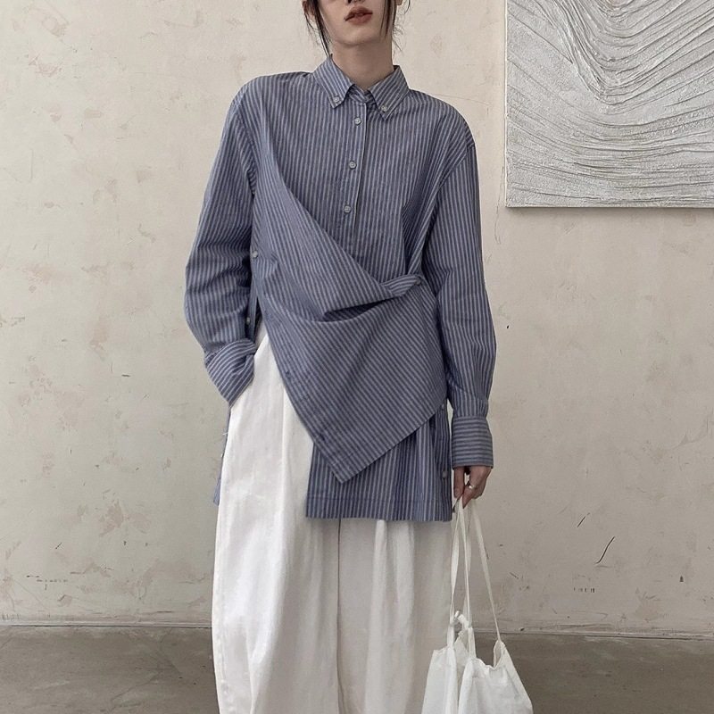 设计感小众山本街头风个性侧开叉斜扣长袖衬衫女春条纹中长款衬衣,女装/女士精品,衬衫,淘宝优惠券,粉丝福利购,淘宝优惠卷