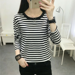 春秋装韩版条纹长袖t恤女款宽容上衣秋天女装宽松纯棉丅血丁裇衫