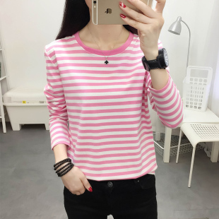 春季韩版大码胖妹MM女装全棉条纹长袖T恤宽松百搭体桖丅恤衫上衣