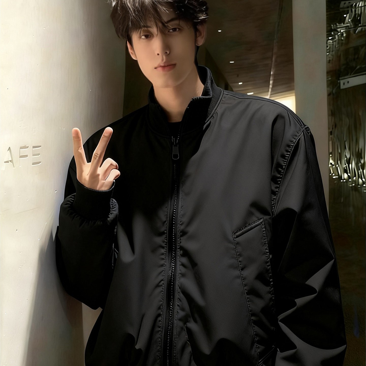 浅灰色飞行员棉服夹克男款冬季加厚立领廓形工装外套美式复古棉袄