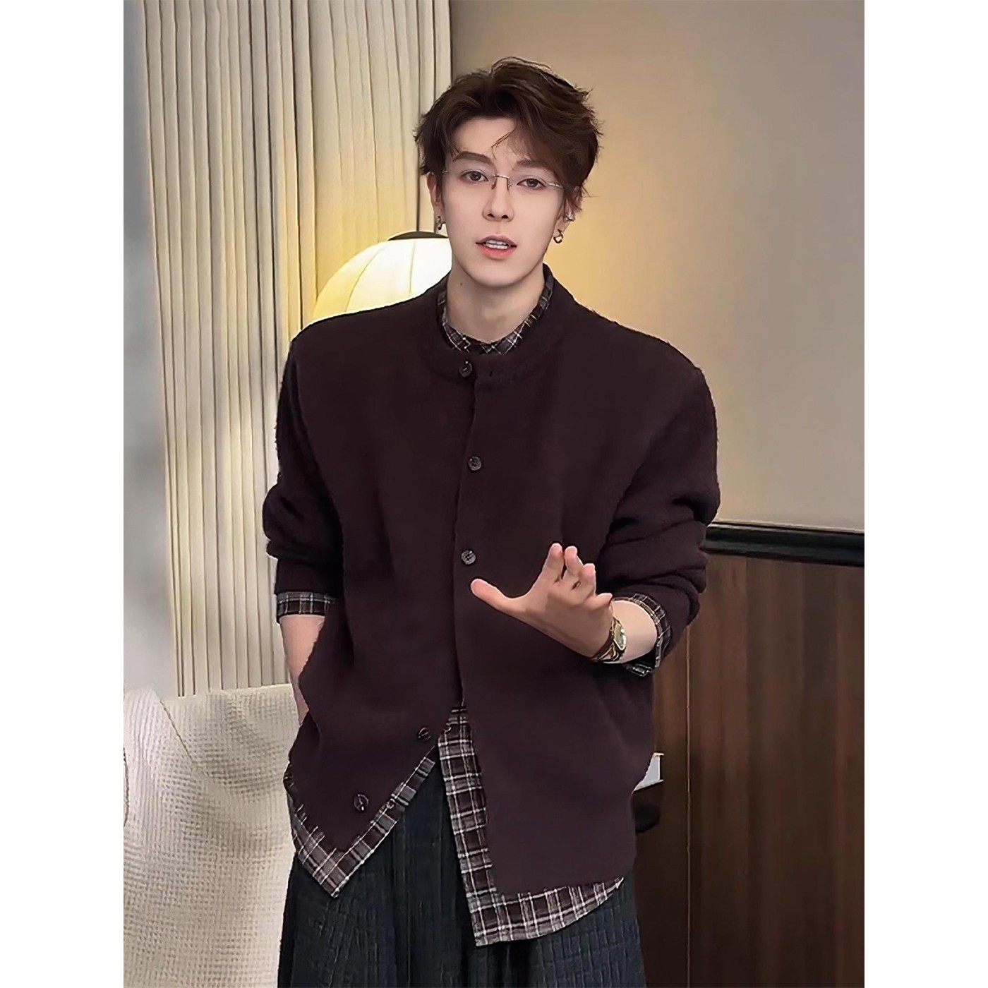 老钱风假两件拼接翻领长袖衬衫男款秋季美式复古cleanfit针织外套