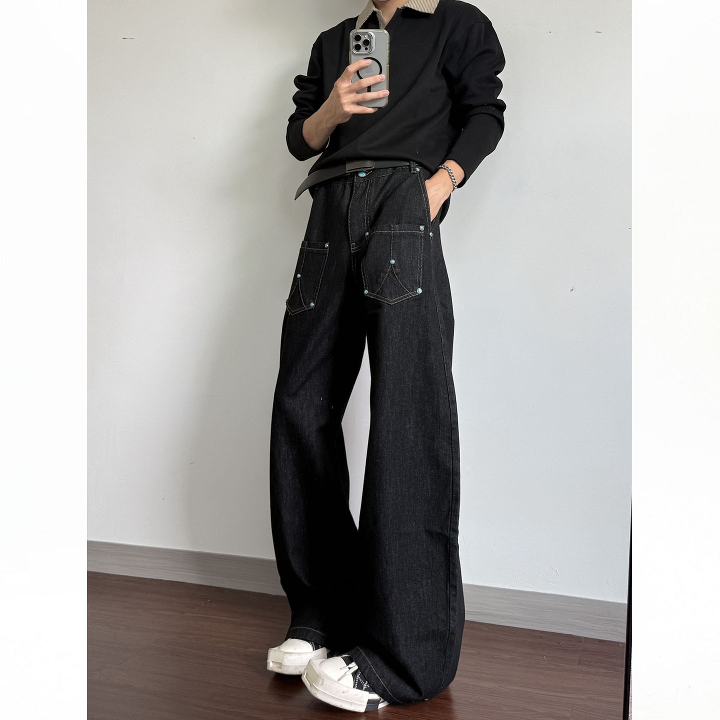 美式复古水洗黑色弯刀牛仔裤男女潮牌cleanfit廓形宽松微喇阔腿裤