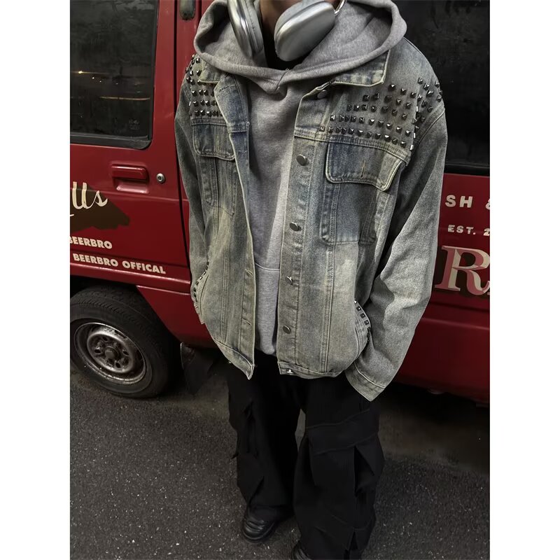 美式重工铆钉boxy短款牛仔外套男