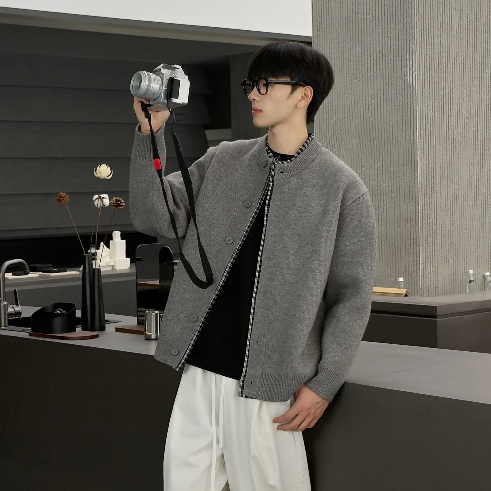 假两件格子拼接针织开衫男款春秋季美式cleanfit潮流宽松毛衣外套