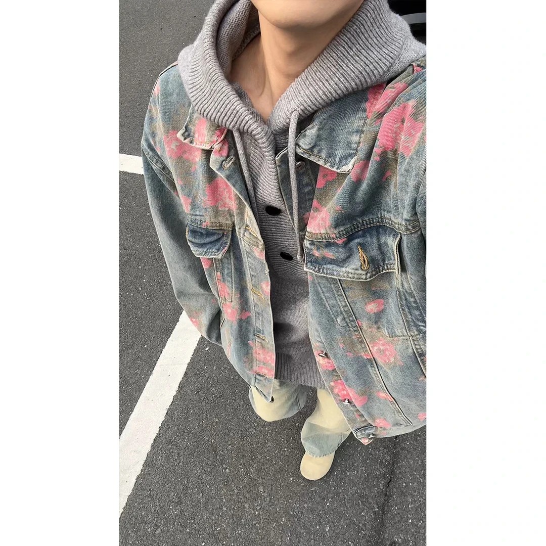 蓝色满印玫瑰提花牛仔外套男款春季cleanfit水洗美式复古工装夹克