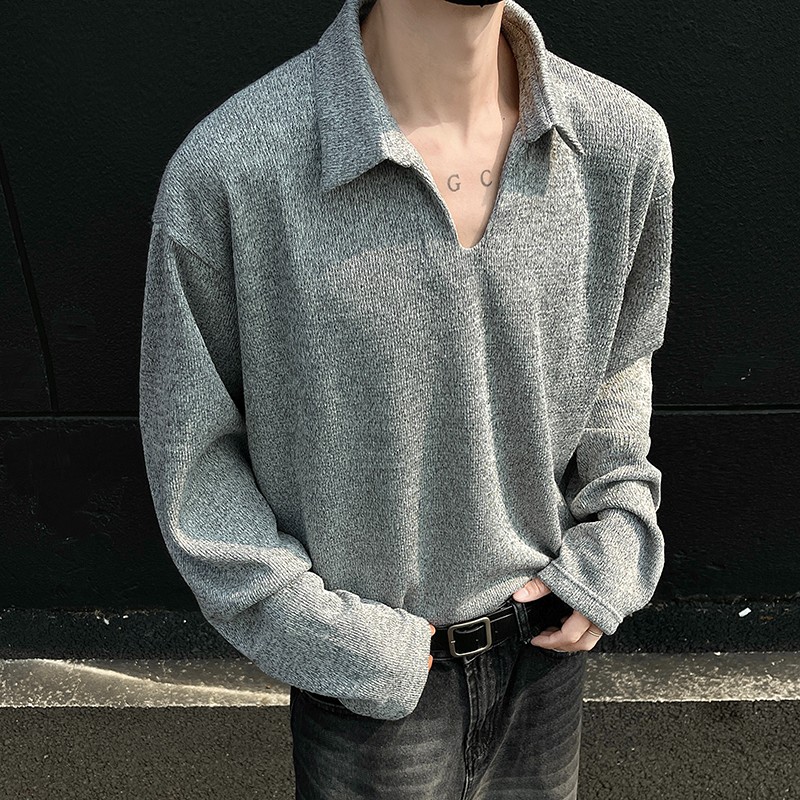 深灰色老钱风V领长袖T恤男款美式复古潮牌卫衣麦穗纹肌理感打底衫