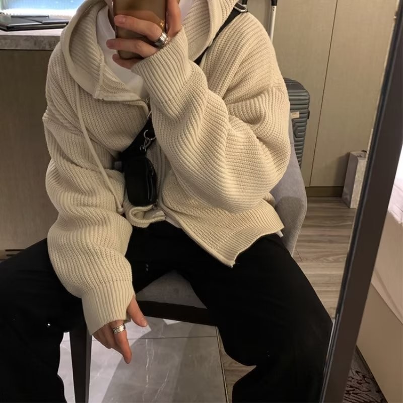 双拉链连帽针织毛衣外套男2025秋季韩版潮流慵懒风百搭情侣款上衣