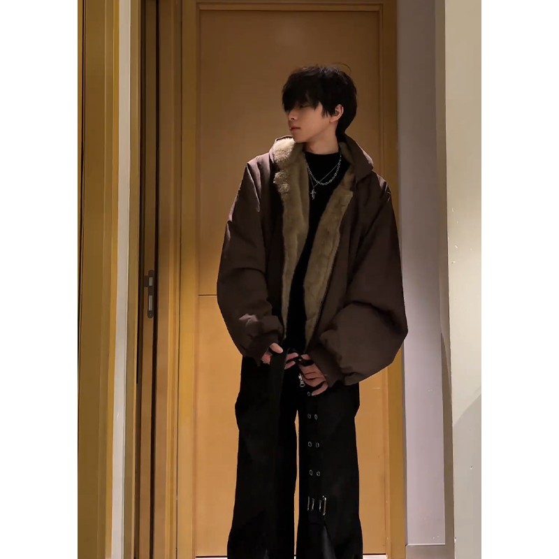 冬季仿兔毛痞帅保暖棉服男士新款双面穿加厚羽绒棉衣复古外套袄子