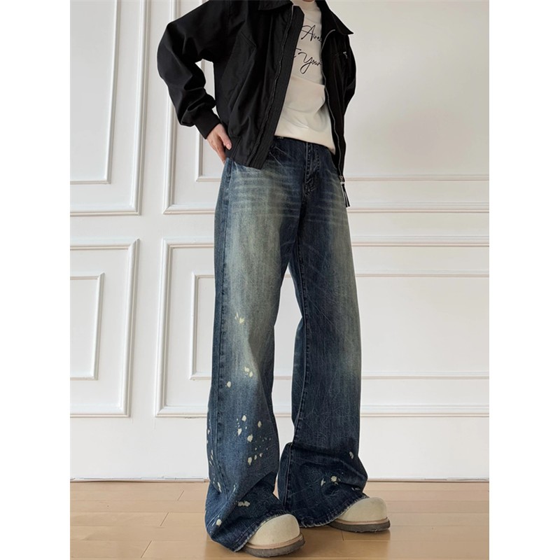 蓝色泼墨弯刀微喇牛仔裤男cleanfit美式高街宽松阔腿喇叭裤子秋季