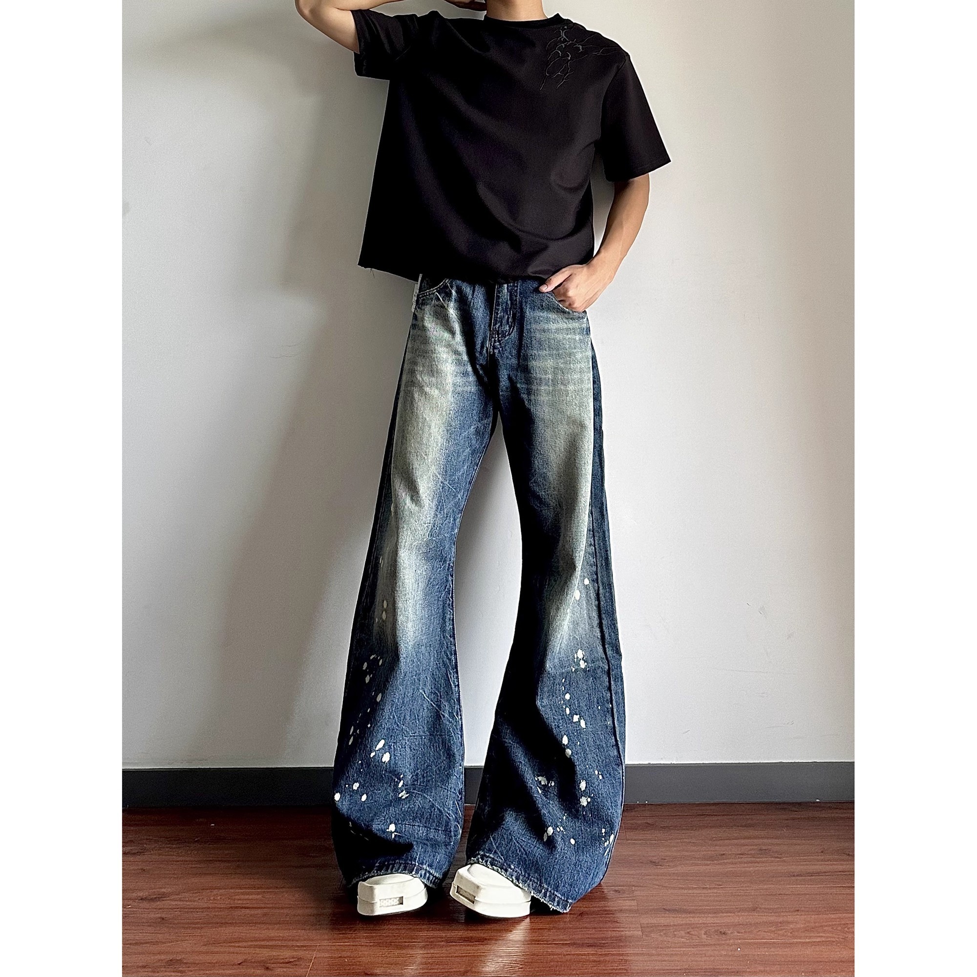 美式高街复古水洗泼墨弯刀牛仔裤男女休闲百搭宽松阔腿微喇长裤子