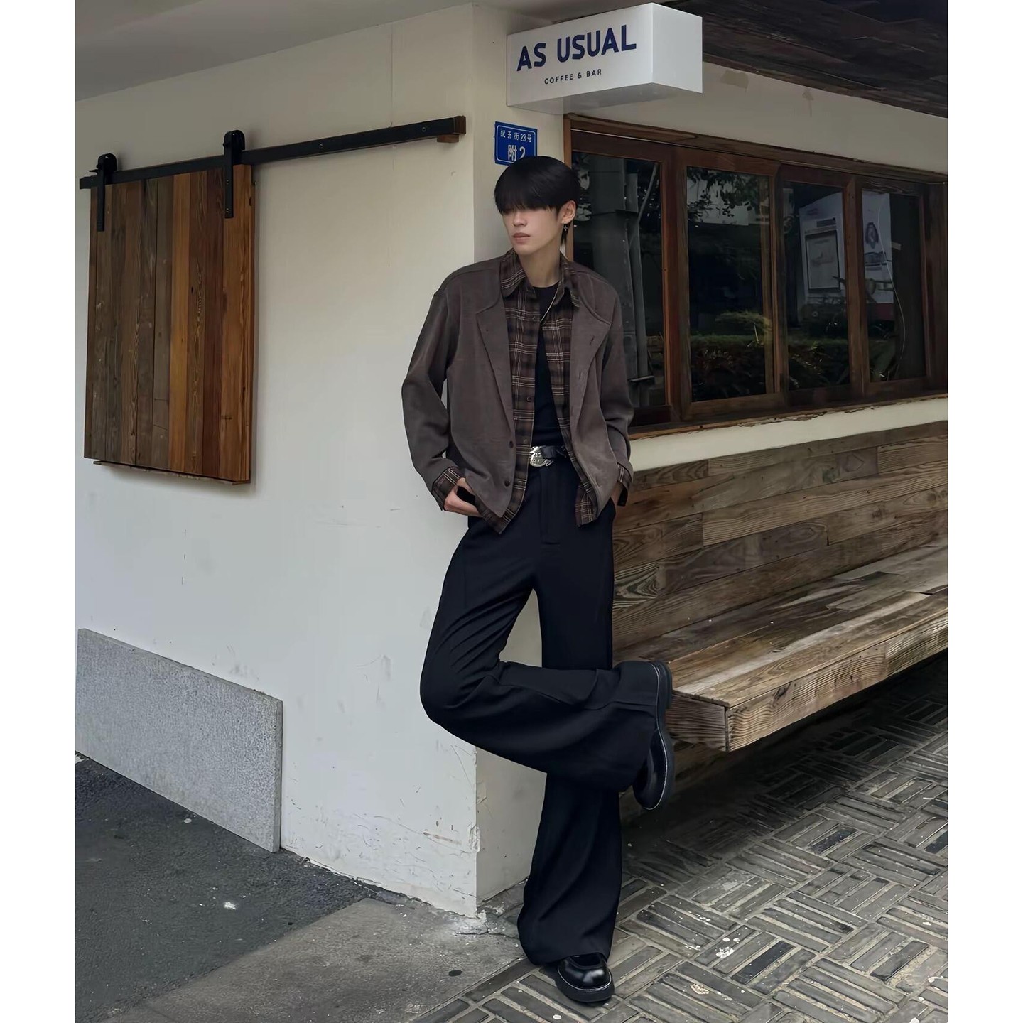 咖色假两件针织开衫外套男款秋季复古美拉德短款夹克磨毛格子衬衫