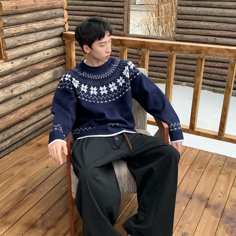 美式复古秋冬款费尔岛提花毛衣男女宽松百搭慵懒风情侣针织衫上衣