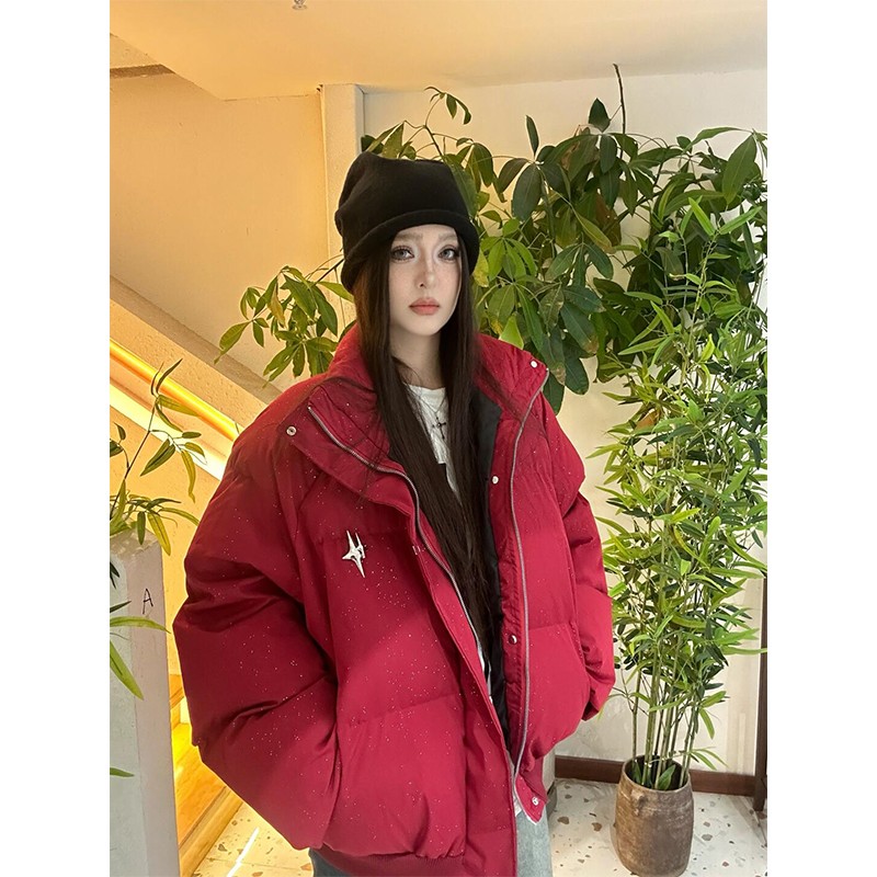 黑色满天星立领棉服外套男冬季金属印花棉衣美式短款面包服厚棉袄