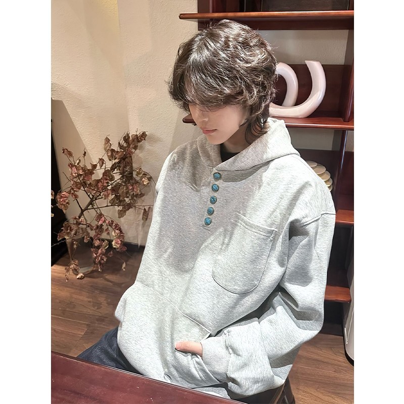 foygob绿松石纽扣连帽卫衣男秋冬季美式复古短宽重磅硬挺帽衫外套