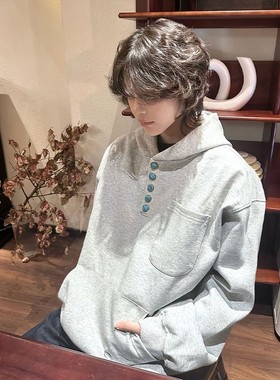 foygob绿松石纽扣连帽卫衣男秋冬季美式复古短宽重磅硬挺帽衫外套