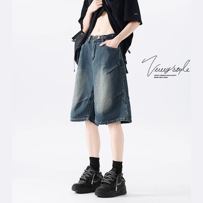 美式设计感褶皱牛仔短裤男夏季