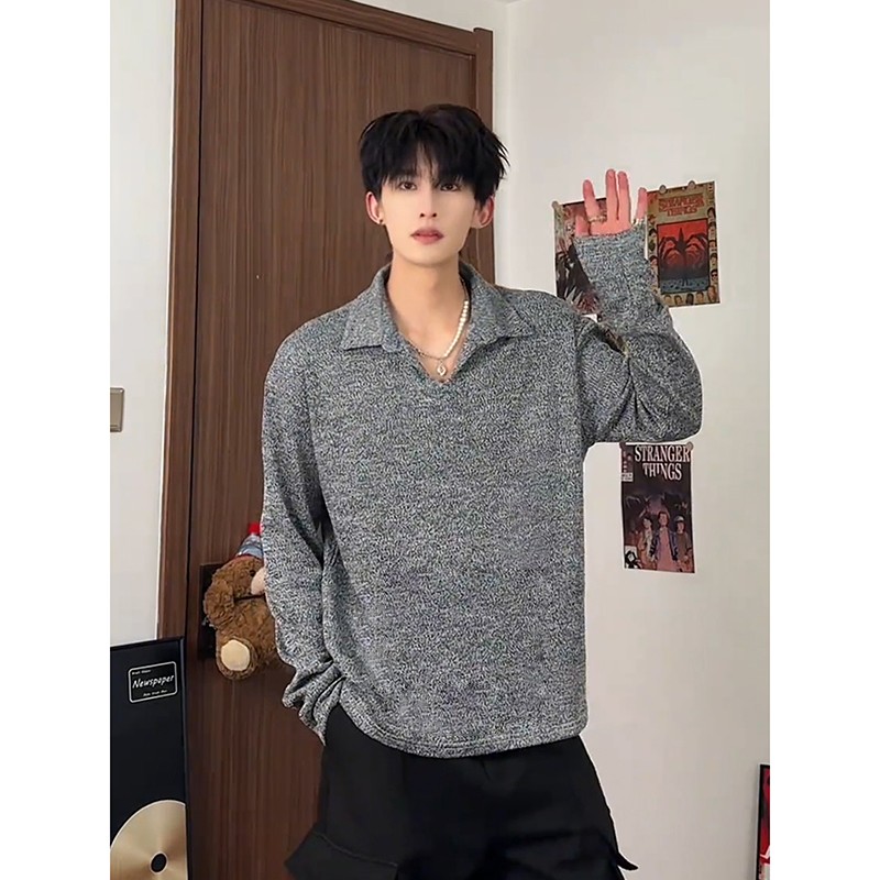 cleanfit麦穗v领针织衫男款秋冬季韩系穿搭美式长袖t恤灰色打底衫