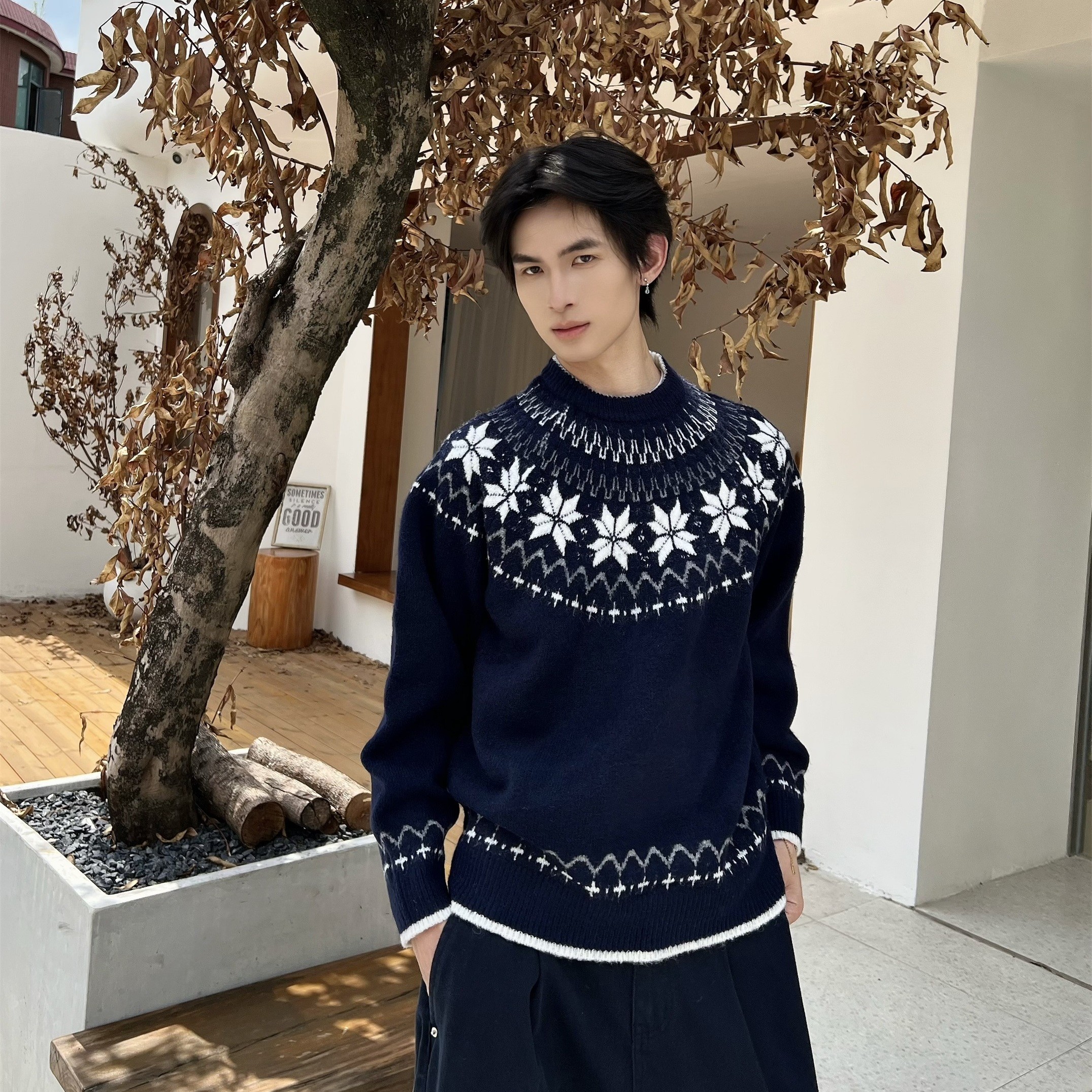美式复古费尔岛提花毛衣男女秋冬季休闲宽松慵懒风百搭针织衫上衣