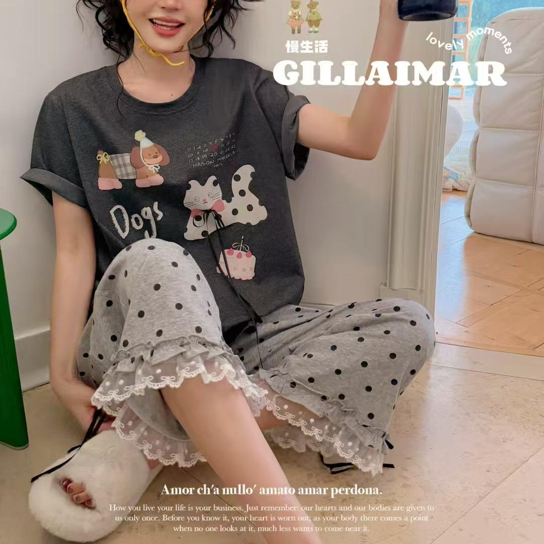 Gill Aimar小熊家家居服女夏季短袖棉质波点长裤花边圆点睡衣薄款