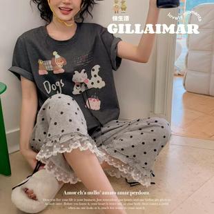 花边圆点睡衣薄款 Gill 棉质波点长裤 Aimar小熊家家居服女夏季 短袖