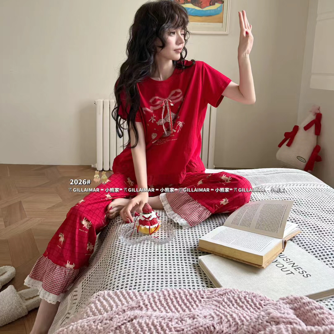 Gill Aimar小熊家红色本命年睡衣女春季新款短袖长裤新婚家居服薄