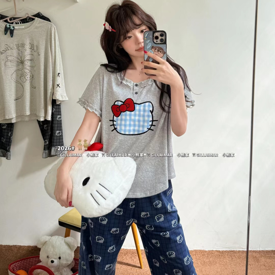 Gill Aimar小熊家睡衣女夏季新款短袖长裤卡通KT睡衣红色本命年