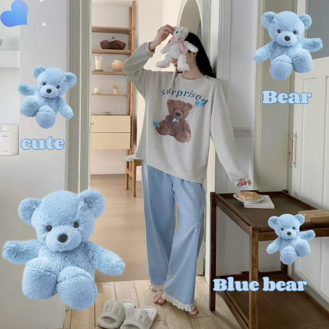 Reefur Rinka梨花家2025秋季新款睡衣女卫衣棉蝴蝶结小熊印花格子