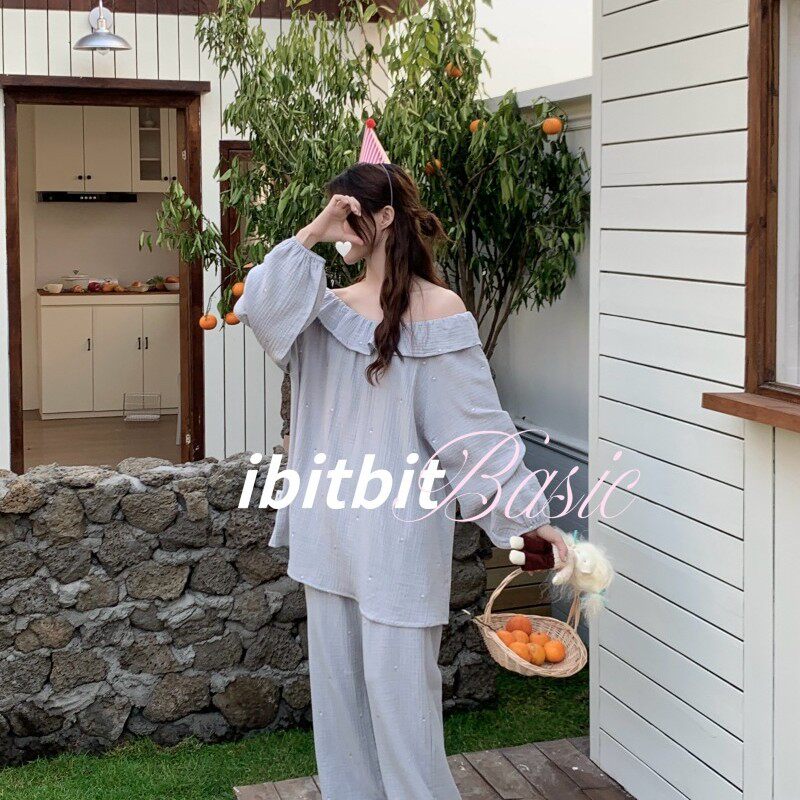 ibitbit原版长袖家居服四季纯棉睡衣花卉刺绣双层棉纱荷叶领睡衣