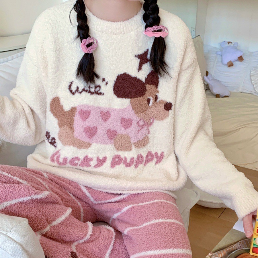 Reefur Rinka梨花家新款半边绒女加厚圆领套头腊肠狗长袖套装家居