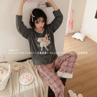 长袖 2025新款 纯棉睡衣女卡通小狗印花休闲格子宽松家居服慵懒少女