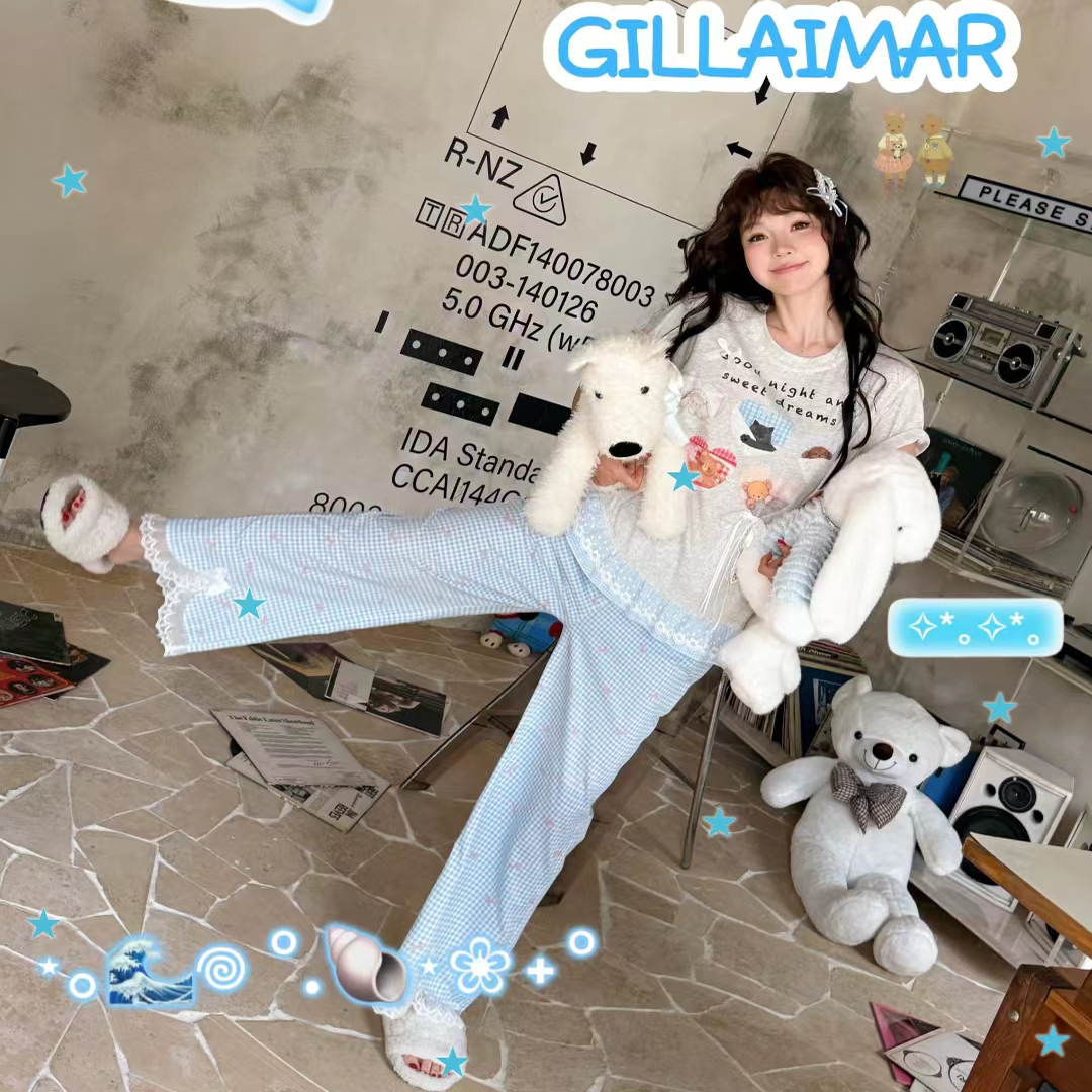 Gill Aimar小熊家睡衣女夏季短袖长裤卡通格子套装甜美花边韩版