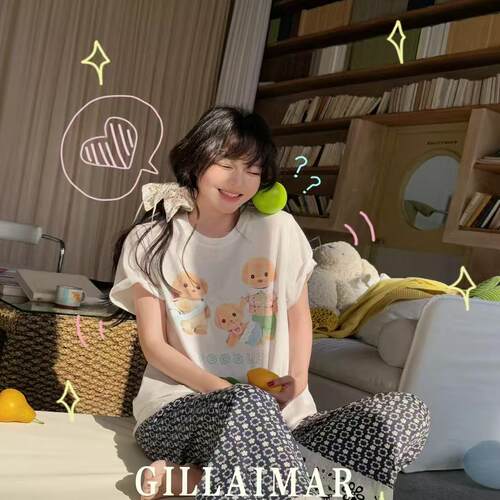 Gill Aimar小熊家睡衣女夏季短袖长裤卡通小清新家居服棉质薄款