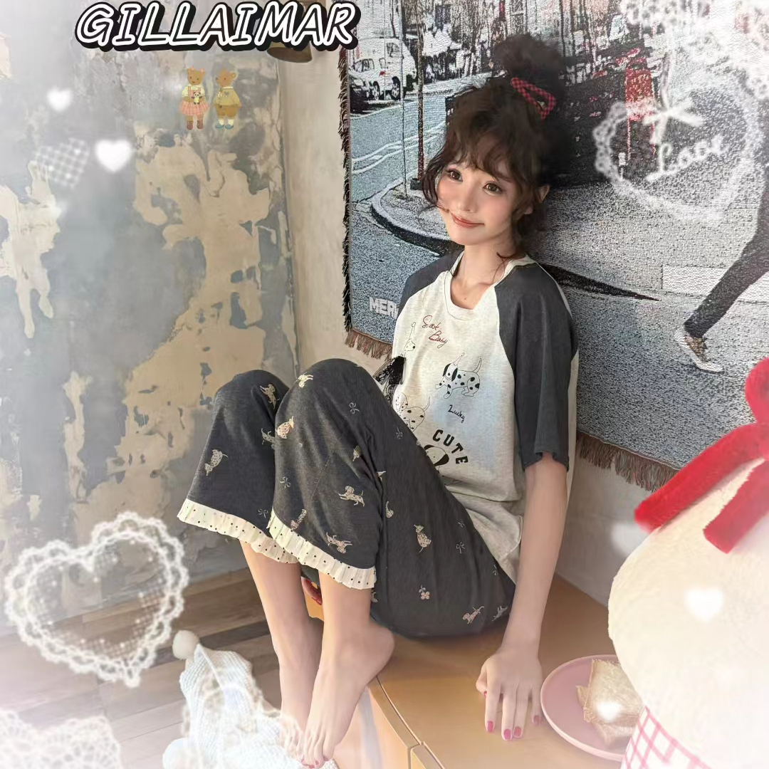 Gill Aimar小熊家夏季短袖长裤卡通小狗印花睡衣女宽松纯棉休闲薄