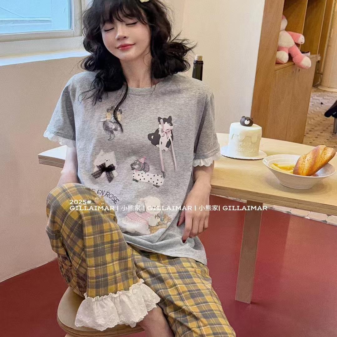 Gill Aimar小熊家睡衣女春夏新款短袖长裤棉质家居服女薄款格子裤