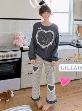 Gill Aimar小熊家2025新款长袖棉质睡衣卡通爱心条纹韩版家居服女