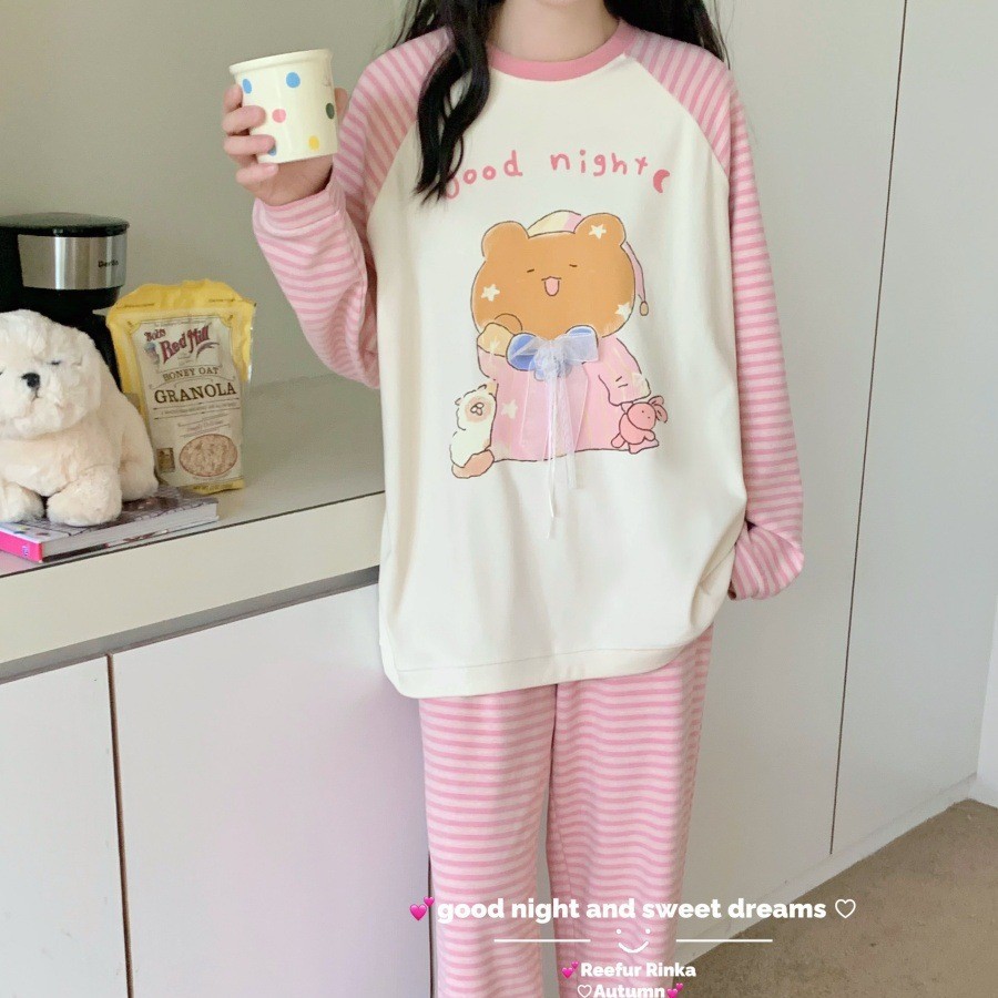 德绒~Reefur Rinka梨花家新款亲肤绒睡衣女困困熊印花长袖家居服